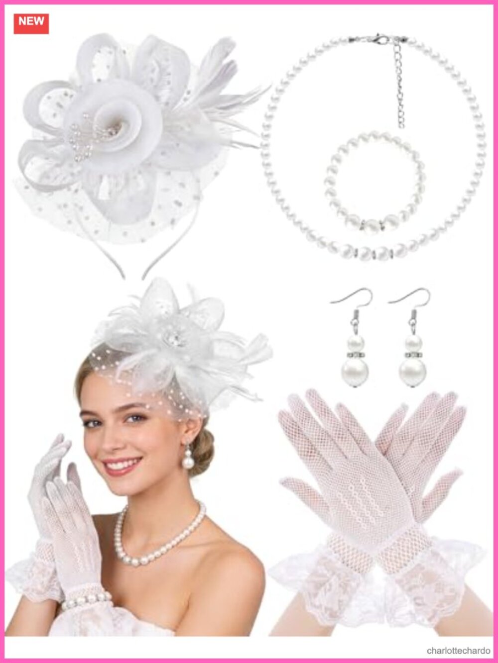 Vintage Fascinator Hat Set Lace Gloves Imitation Pearl Jewelry Tea Party Costume